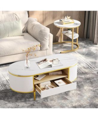 Modern Fluted Coffee Table, 48" Modern Oval Coffee Table with Drawer, Faux Marble Top, Curved Profile Center Table with Storage