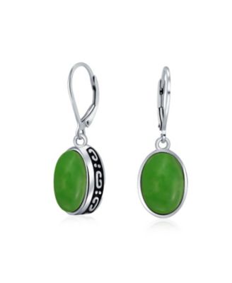 3.2CT Bezel Simulated Jade Green Quartz Oval Dangle Earrings .925 Sterling Silver Set Lever-back