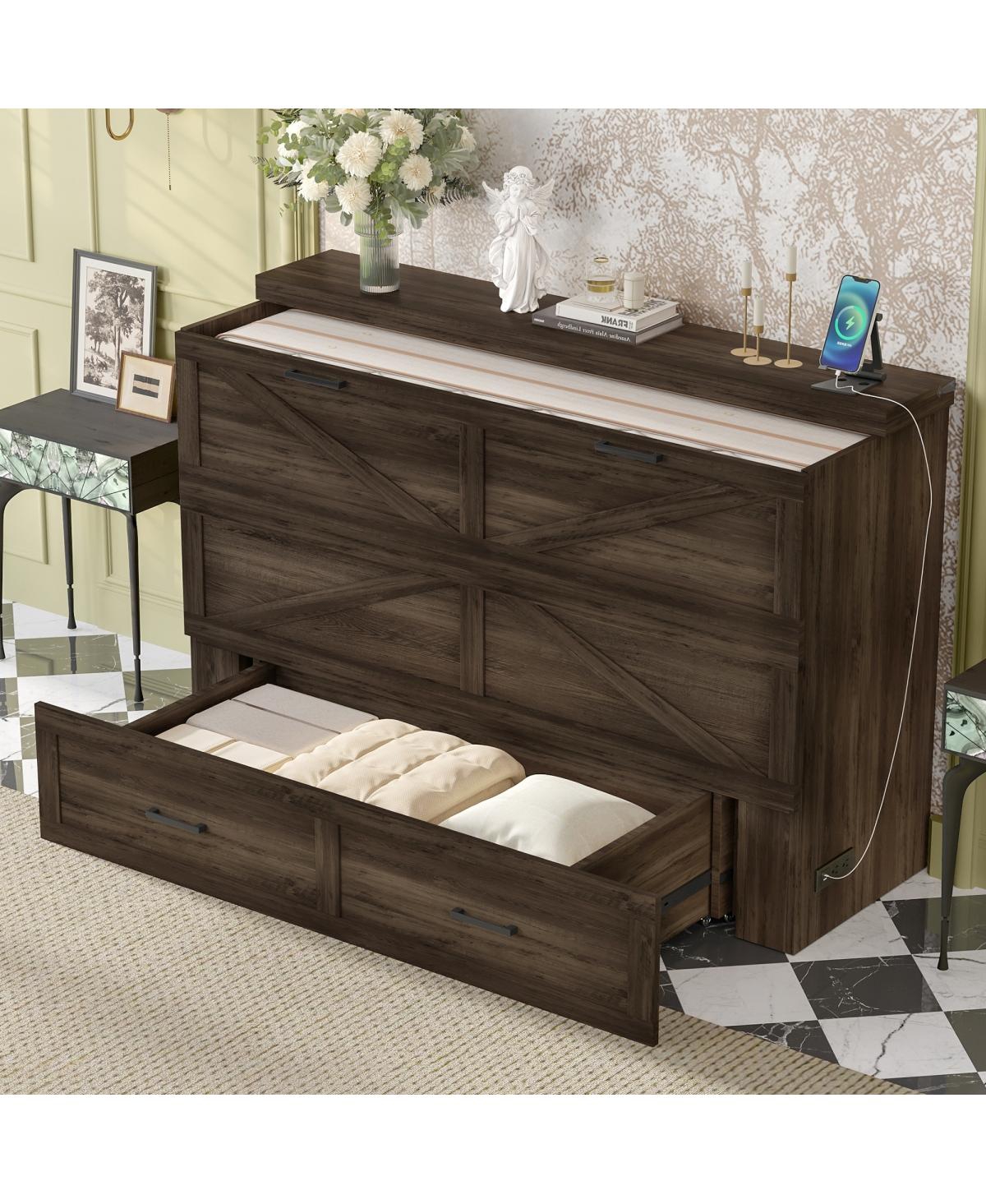Streamdale Furniture Queen Farmhouse Murphy Cabinet Bed with Charging Station & Storage Drawer