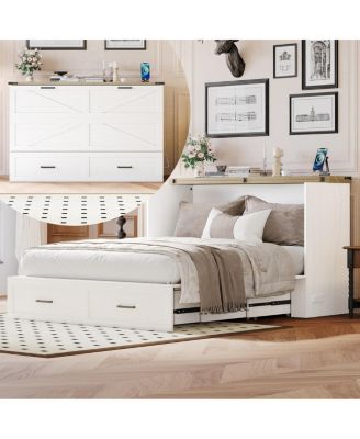 Queen Farmhouse Murphy Cabinet Bed with Charging Station & Storage Drawer