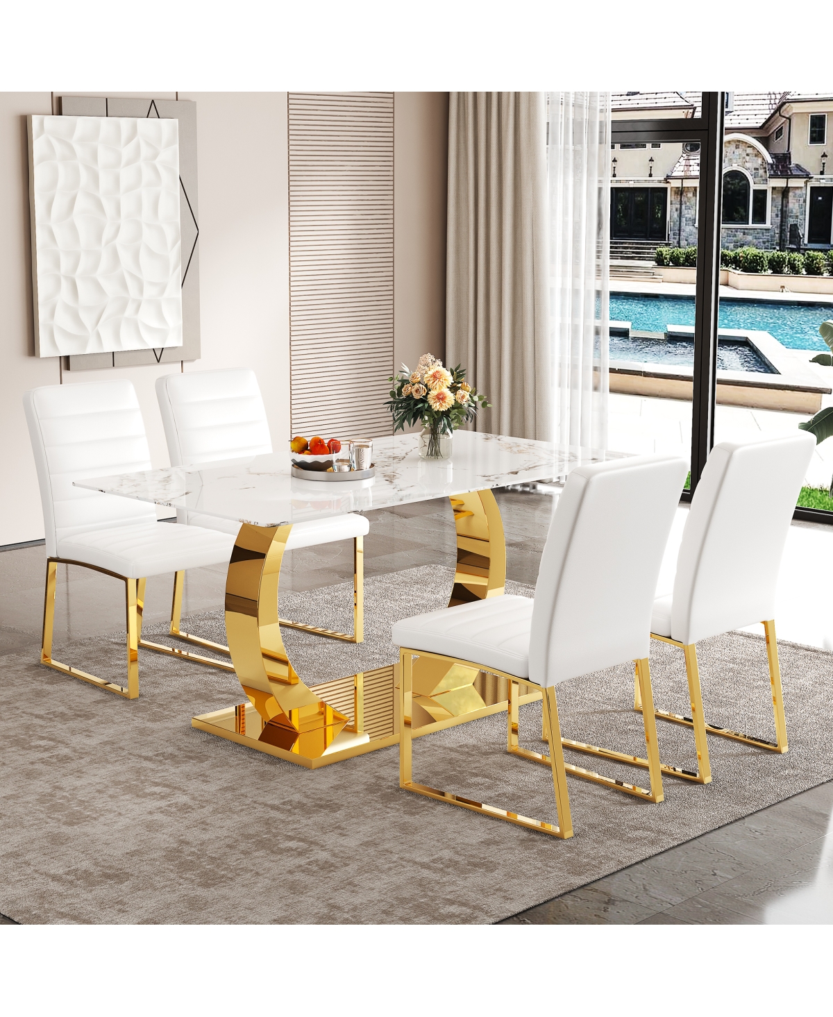 Streamdale Furniture Marble patterned glass dining chair set with gold decoration