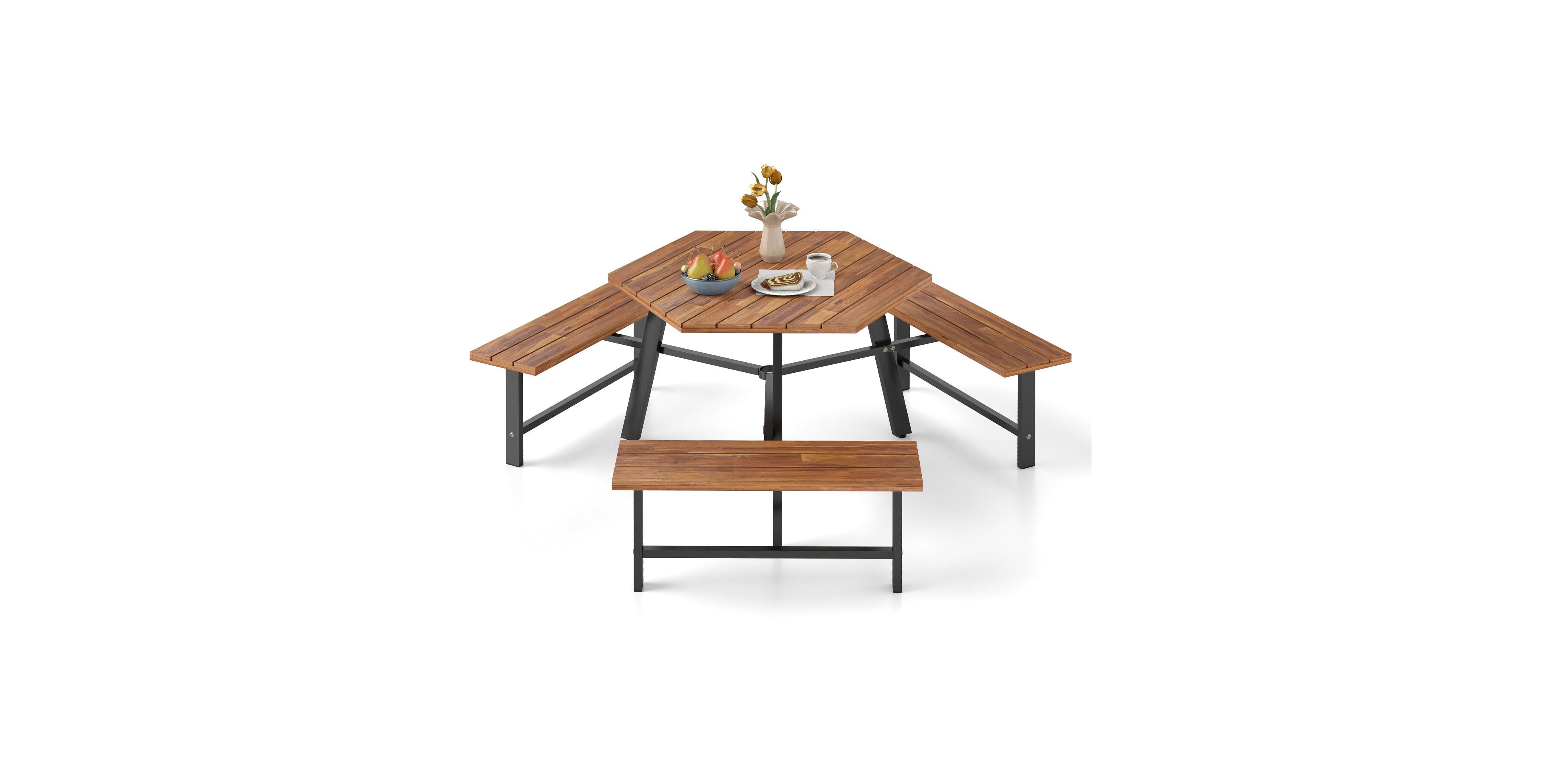 Slickblue Acacia Wood Picnic Table Set for 6 with Bench Seating