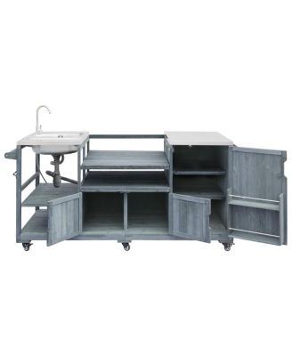 Outdoor Kitchen Island with Sink, Solid Wood Grill Cart for XL Green Egg, Rolling Bar Cart, Brown