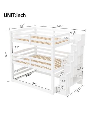 Full Size Triple Bunk Bed with Storage Staircase, Separate Design