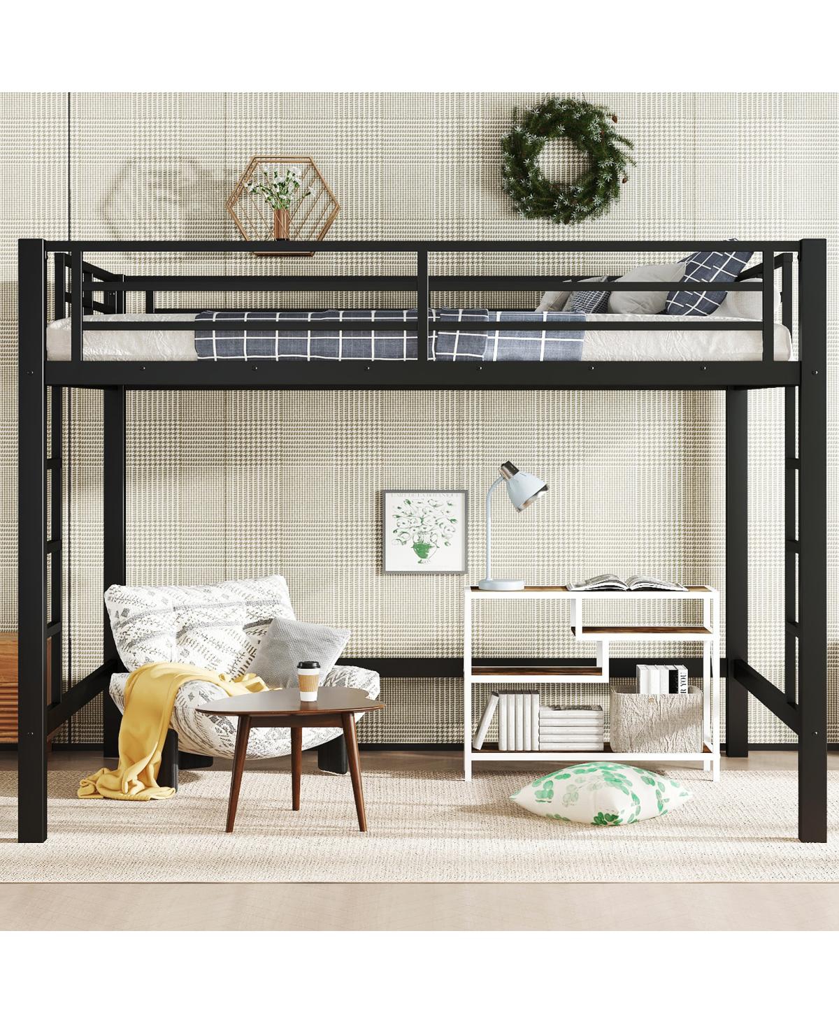 Streamdale Furniture Queen Size Metal Loft Bed with Ladder and Guardrails