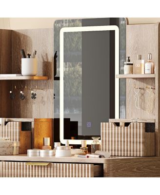 7-Drawer Vanity Desk with LED Mirror & Carved Details, Makeup Table with Stool