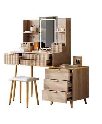 7-Drawer Vanity Desk with LED Mirror & Carved Details, Makeup Table with Stool