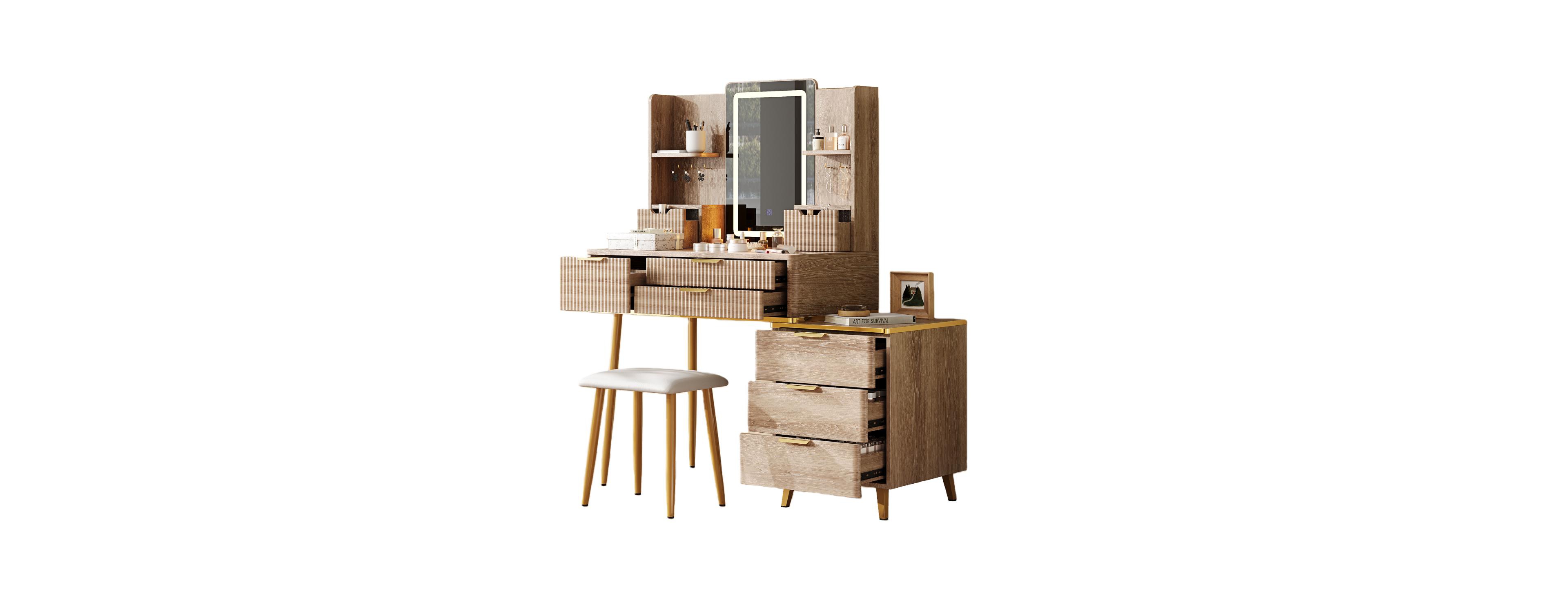 Streamdale Furniture 7-Drawer Vanity Desk with Led Mirror & Carved Details, Makeup Table with Stool