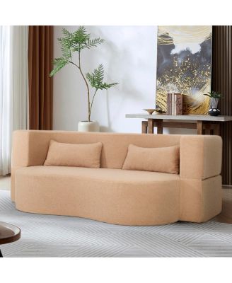 2-in-1 Convertible Sofa Bed, Full Size Folding Loveseat Couch with Teddy Fabric, Apricot