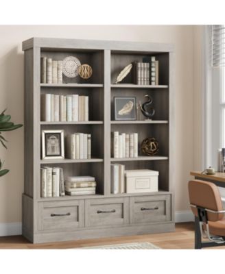 64" Tall Bookshelf with 3 Drawers, 4-Tier Double Wide Open Shelf Bookcase, Large Wooden Storage for Library, Office, Living Room