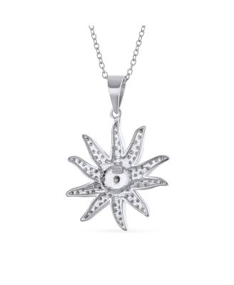  Pave Cubic Zirconia CZ Sunburst Sun Ray Pendant Necklace .925 Sterling Silver