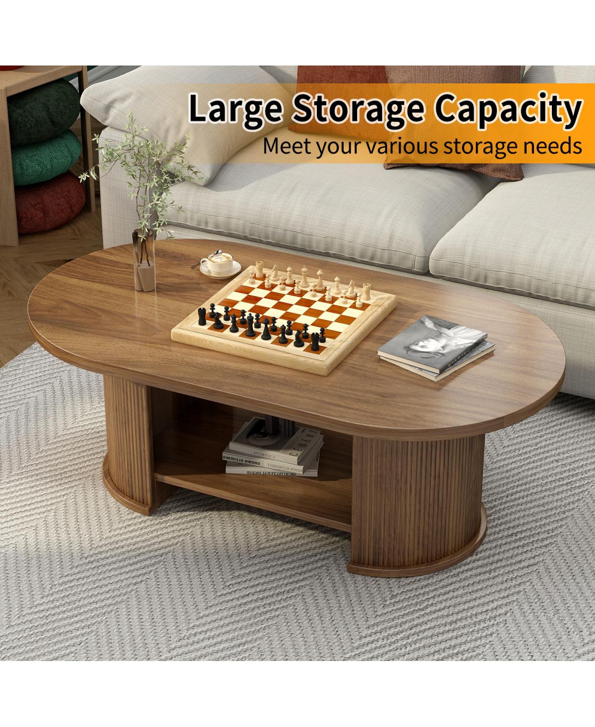 Streamdale Furniture Oval Fluted Coffee Table, 47" Farmhouse Wood, Mid-Century 2-Tier with Storage