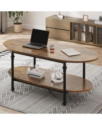 Farmhouse Oval Coffee Table, 2 Tier Center Table with Open Storage, Modern Industrial Tea Table