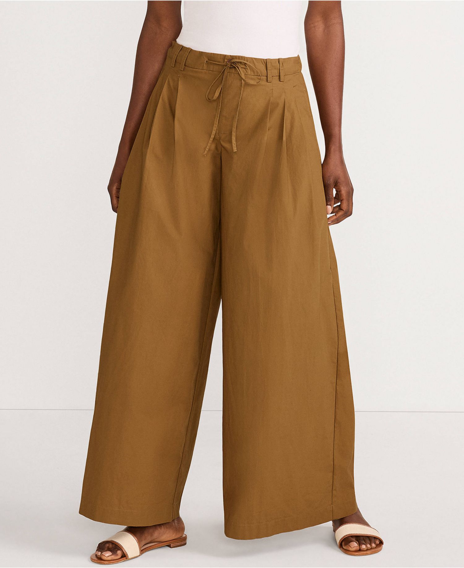 Women's Poplin Mid Rise Pleated Slouchy Pants