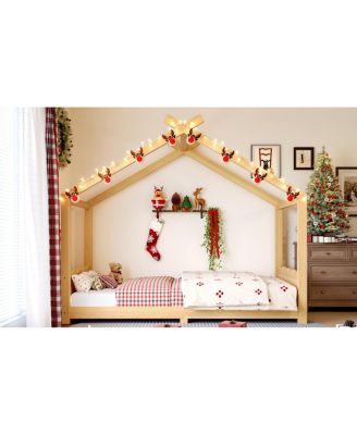 Twin House Floor Bed with Slats, Solid Wood House Bed Frame for Kids