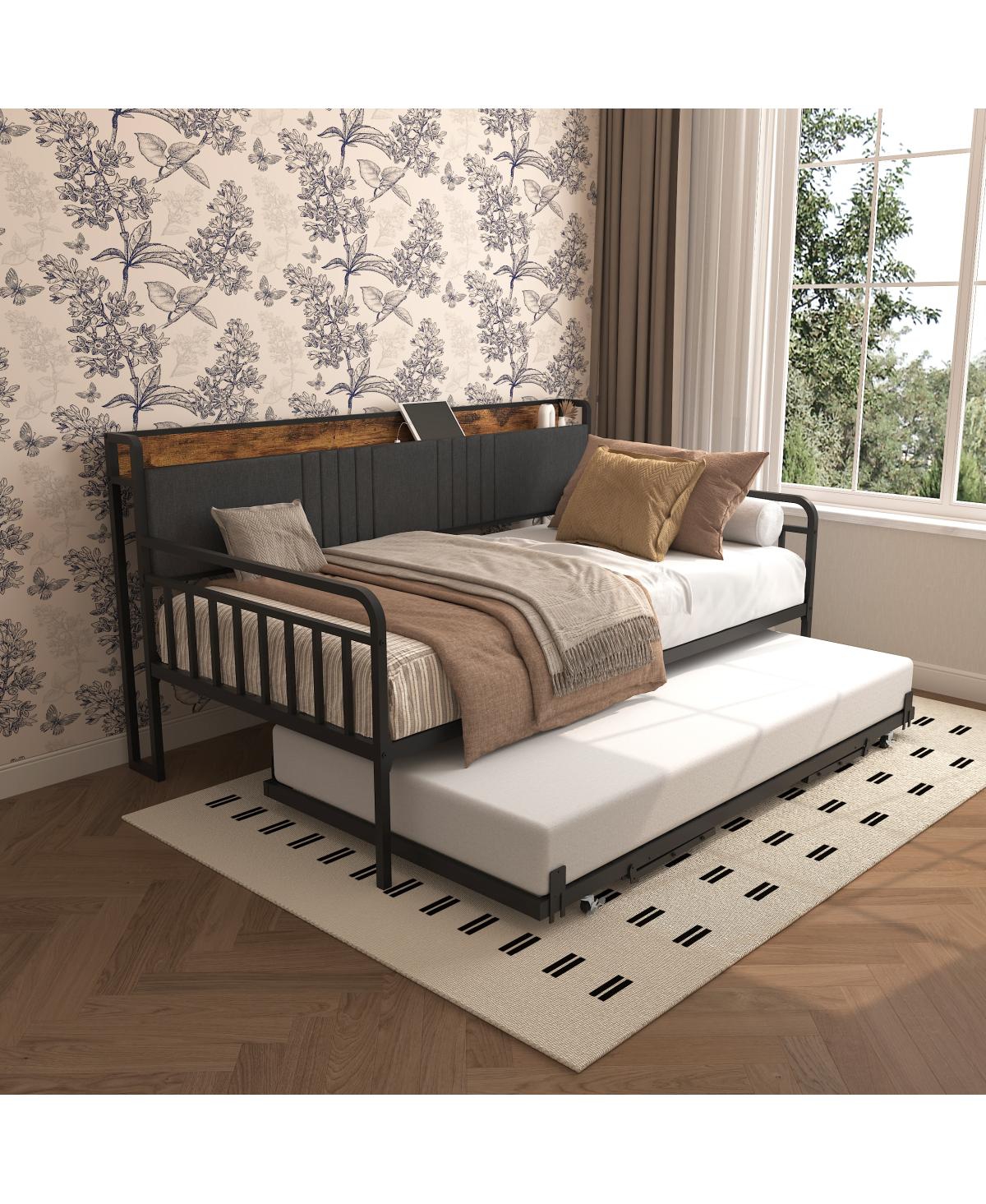 Streamdale Furniture Daybed with Trundle, Metal Twin Bed Frame with Headboard & Charging Station