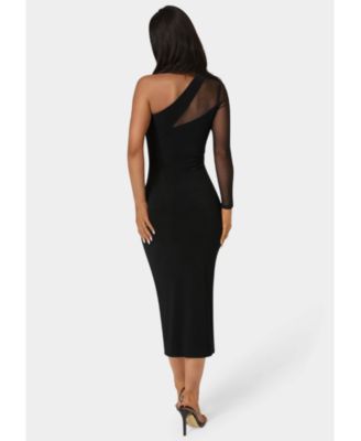 Women's One Shoulder Mesh Insert Midi Dress