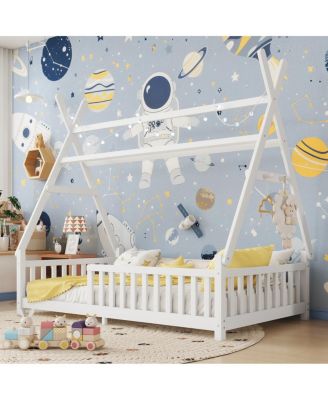 Twin House Bed with Light, Low Floor House Bed with Fence and Roof