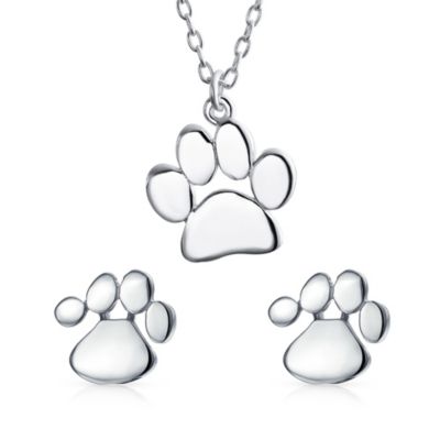 BFF Animal Lover Pet Dog Cat Paw Print Stud Earrings Pendant Set Sterling Silver