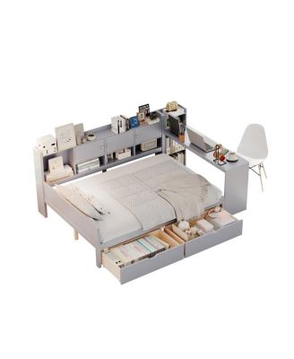 Full Size Daybed with Storage, Wooden L-Shape Bed Frame w/ Desk & Bookshelf