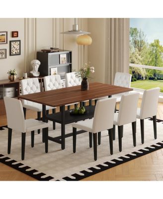 Walnut Dining Table (71") with 8 White PU Chairs