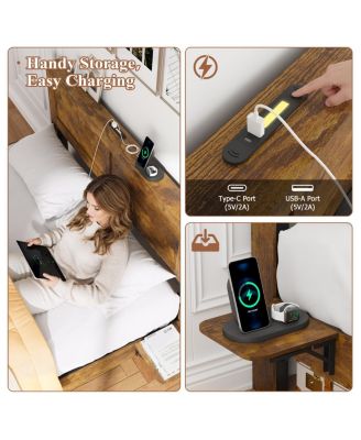 Farmhouse King Bed Frame w/ Storage Shelf, LED Lights & Charging Station