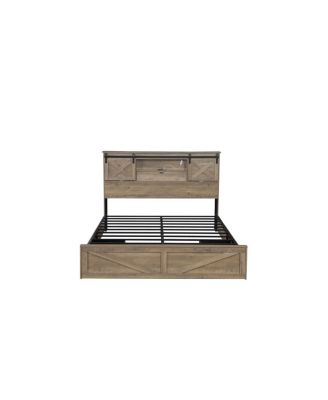 Farmhouse King Bed Frame with LED Lights, Charging Station & Storage Drawers