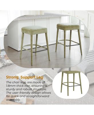 Backless Light Green Upholstered Fabric Bar Stool - Padded Seat, Sturdy Legs, Footrest