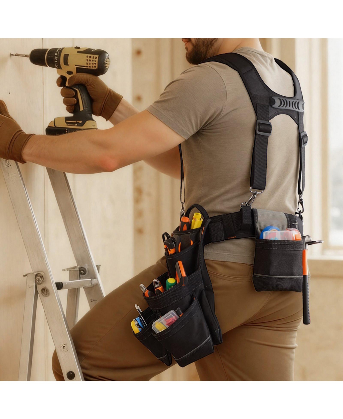 Mecale Tool Belt with Suspenders, 19 Pockets Heavy-Duty Tool Pouch, Adjustable Waist 31–51 in, Detachable Suspension Rig