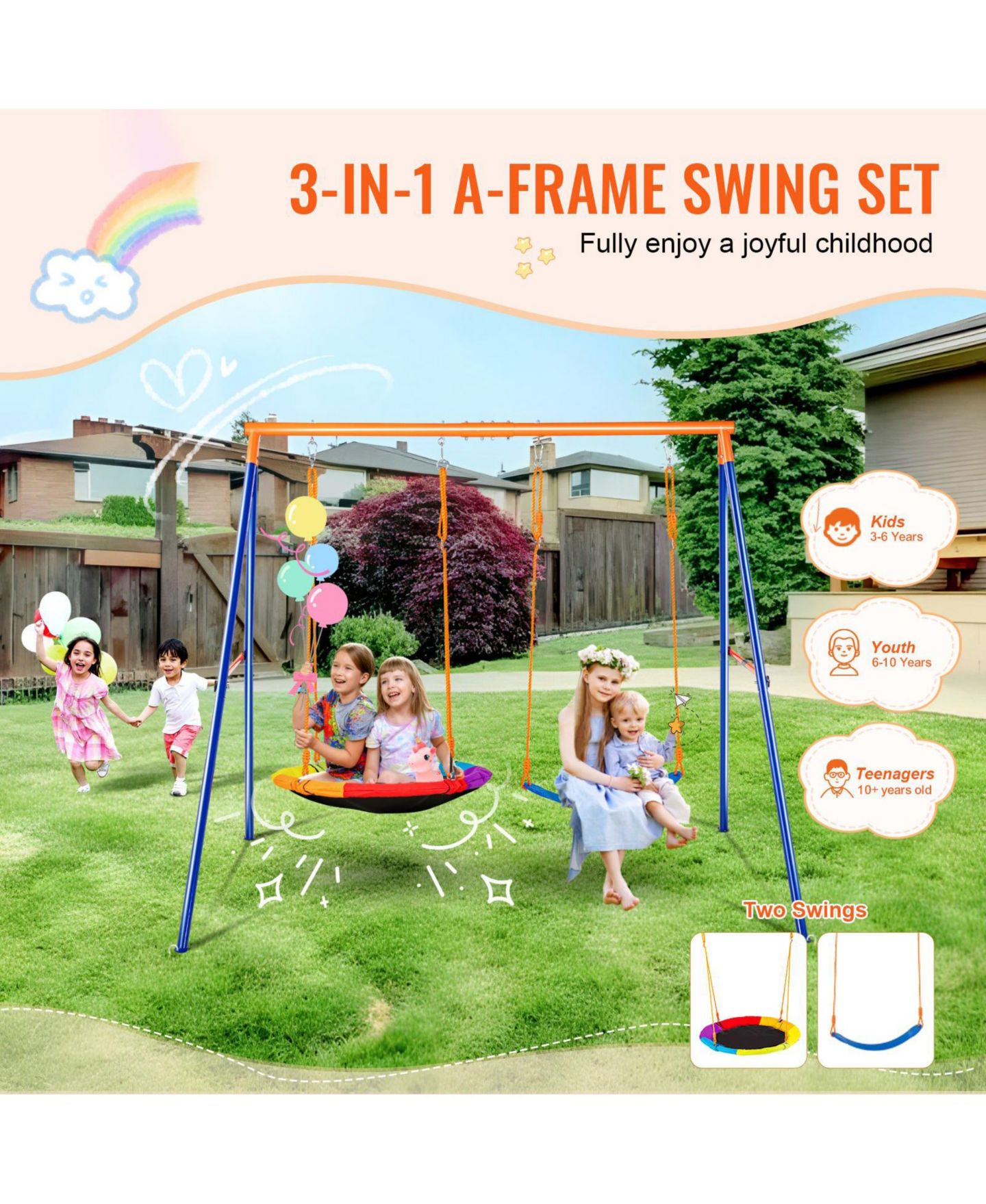 Детские игрушки Mecale A-Frame Metal Backyard Swing Set with Adjustable Ropes, 440 lbs, Ages 3+ — фото 5