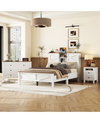 3-Piece Farmhouse Full Bed Set w/ Sliding Door Headboard, Nightstand & Dresser