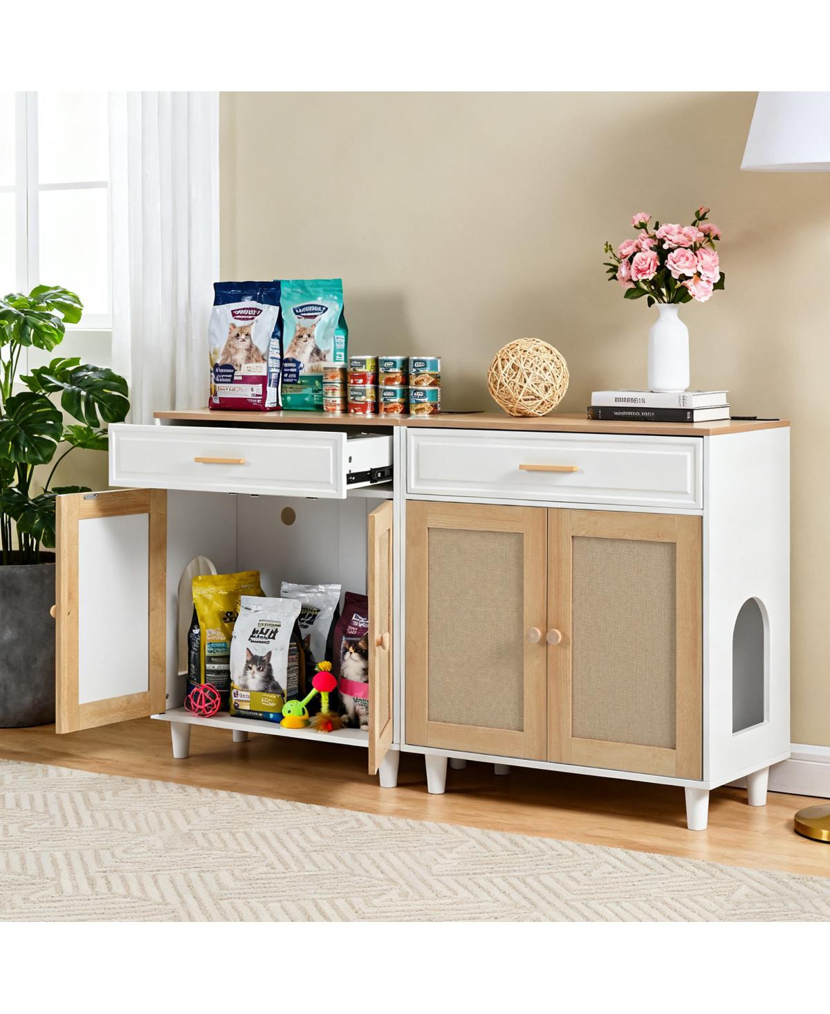 Streamdale Furniture 2-Piece Cat Litter Box Enclosure Furniture, 3-in-1 Hidden Litter Box & Side Cabinet