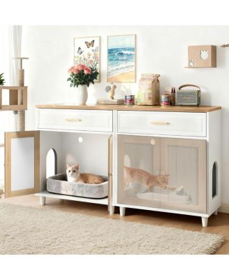 2-Piece Cat Litter Box Enclosure Furniture, 3-IN-1 Hidden Litter Box & Side Cabinet