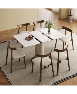 Retractable Rock Slab Dining Table Set, 7-Piece Expandable Table with 6 Chairs & Leather Base