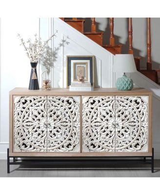 Streamdale Vintage Carved 4-Door Wood Cabinet with Metal Base