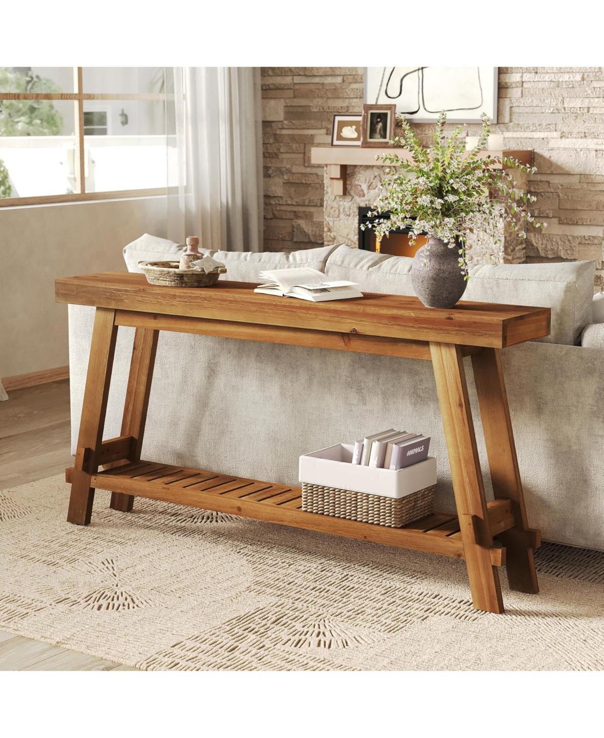 Tribesigns 63" Solid Wood Console Table, 2-Tier Farmhouse Entryway & Sofa Table, Brown