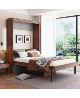 Full Size Murphy Bed with Foldable Desk &acirc;€“ Space Saving Wall Bed - Walnut & Gray