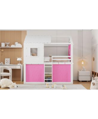 Full Size Bunk Wood House Bed with Tent