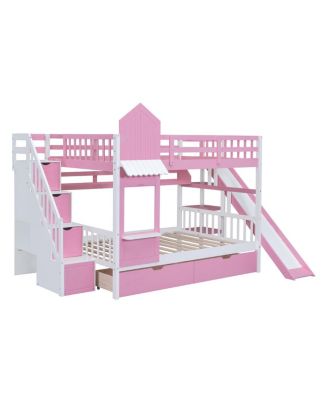 Full-Over-Full Castle Style Bunk Bed with 2 Drawers 3 Shelves and Slide