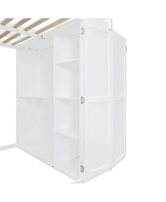 Full Size Loft Bed with Wardrobe, Desk and Shelves