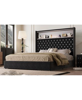 Queen Size Velvet Tufted Bed Frame with USB & Night Light