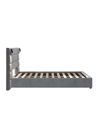 Queen Size Velvet Upholstered Bed Frame with USB Port