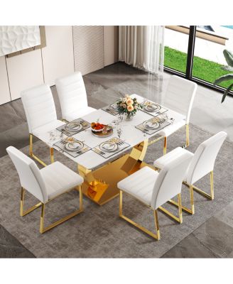 Streamdale Marble patterned glass dining set with gold decor: 63" table + 6 chairs