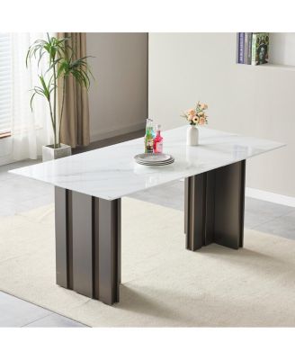 Streamdale 69" Rectangular Dining Table, Modern Style, Tempered Glass Marble Top, Gray Legs