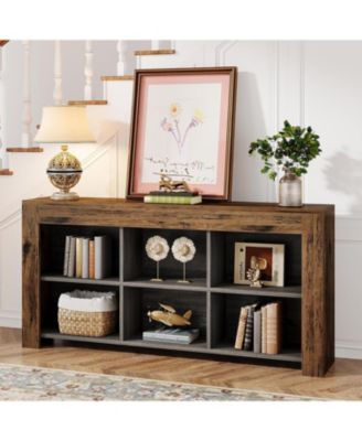 63-Inch Long Console Table, Rustic Wood Entryway Table with 6 Storage Cubes, Industrial Narrow Sofa Table Behind Couch Table