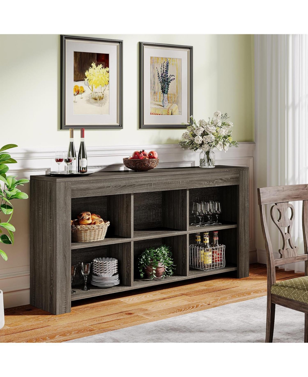 Tribesigns 63-Inch Long Console Table, Rustic Wood Entryway Table with 6 Storage Cubes, Industrial Narrow Sofa Table Behind Couch Table