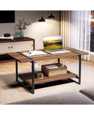 41" Large 2-Tier Gray Wood Coffee Table with Storage Shelf - Farmhouse Modern Rustic Metal Rectangle Center Living Room Coffee Table