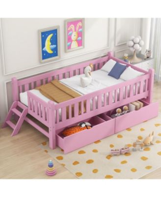 Wood Twin Size Platform Bed with Guardrail and 2 Drawers