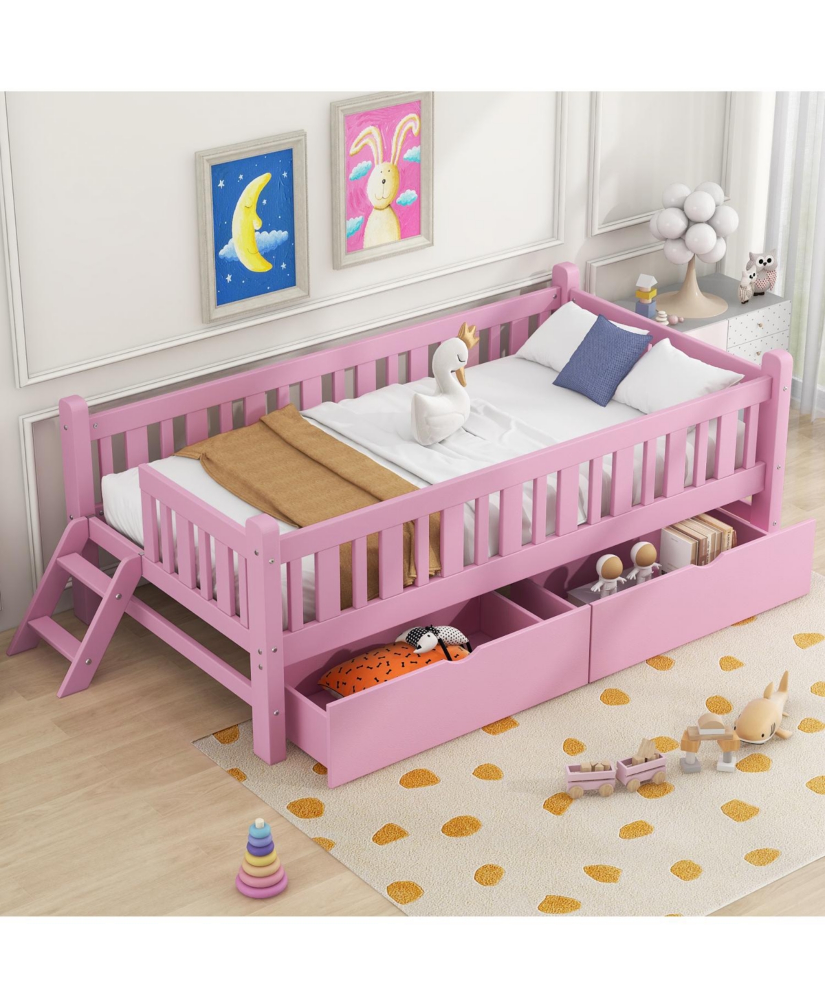 Streamdale Furniture Wood Twin Size Platform Bed with Guardrail and 2 Drawers