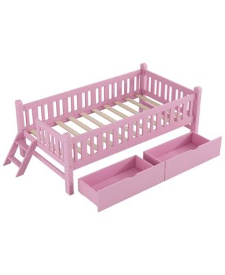 Wood Twin Size Platform Bed with Guardrail and 2 Drawers